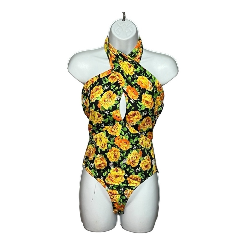 Zara Twist Neck Floral Halter Bodysuit Small Yellow Green Black